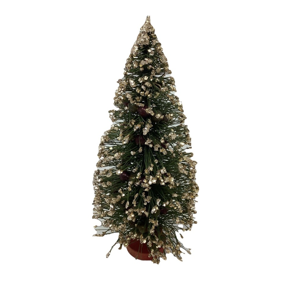 Vintage Glittery 10" Bottle Brush Christmas Tree w/Mercury Glass Beaded Garland